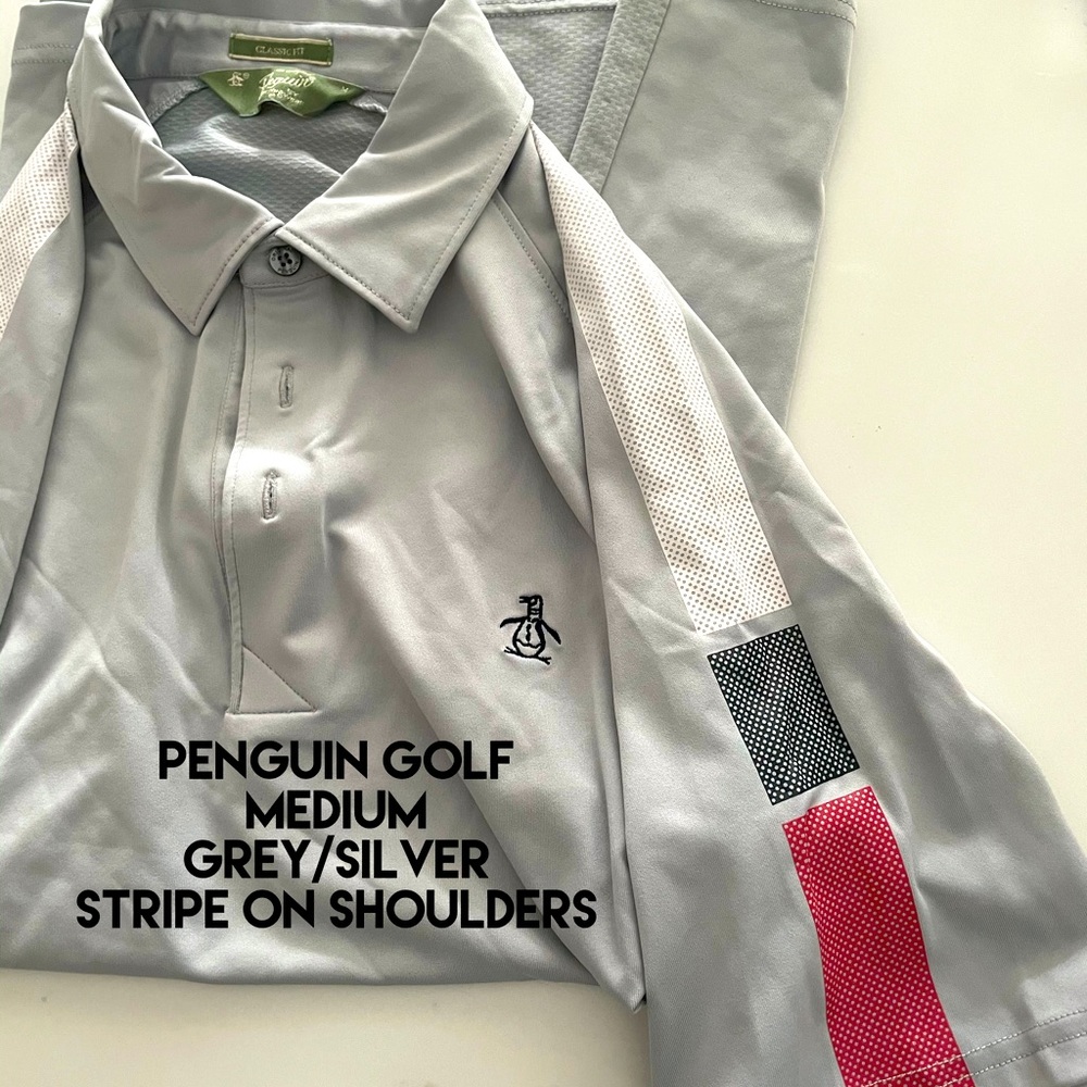 Penguin Golf polo. Grey with shoulder pattern